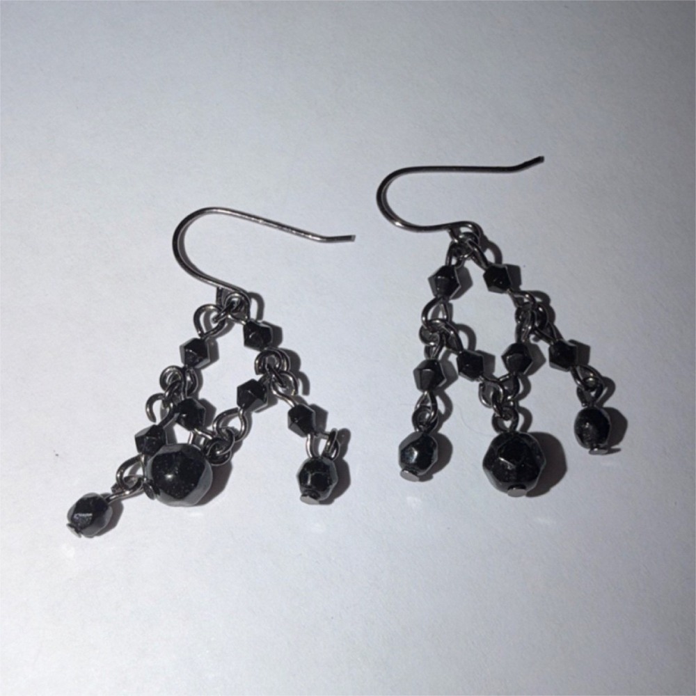 Black Silver Dangle Drop Earrings Hook Closure Beaded Round Stones Metal Jewelry